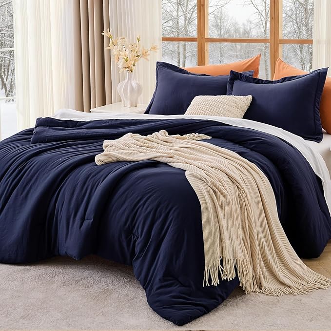 MUXHOMO California King Comforter Set, All Season Ultra Soft Down Alternative Bedding - 3 Piece Lightweight Bed Set Includes 1 Comforter (104"x96") and 2 Pillow Shams (20"x36"), Navy Blue
