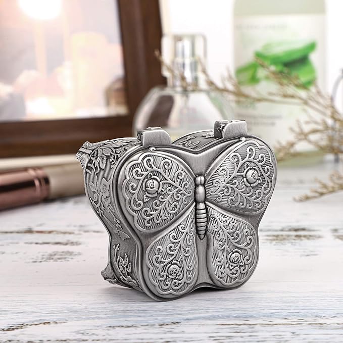 Hipiwe Vintage Metal Jewelry Trinket Box - Butterfly Shape Jewelry Organizer Treasure Chest Ring Holder, Earrings Necklace Storage Box Keepsake Box for Women - Image 7