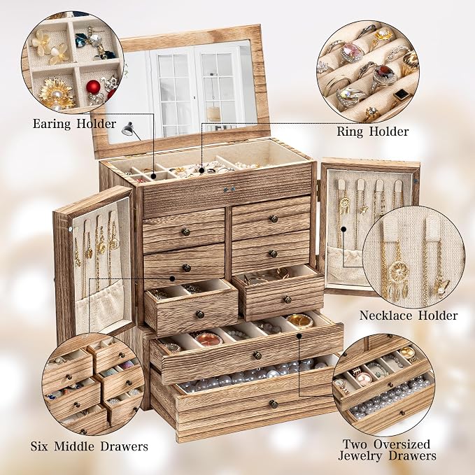 Emfogo Jewelry Box for Women Wooden Jewelry Boxes & Organizers 5-Layer Rustic Large Jewelry Organizer Box with Mirror & 8 Drawers for Rings Earrings Necklaces Bracelets Women Girls Gifts - Image 4