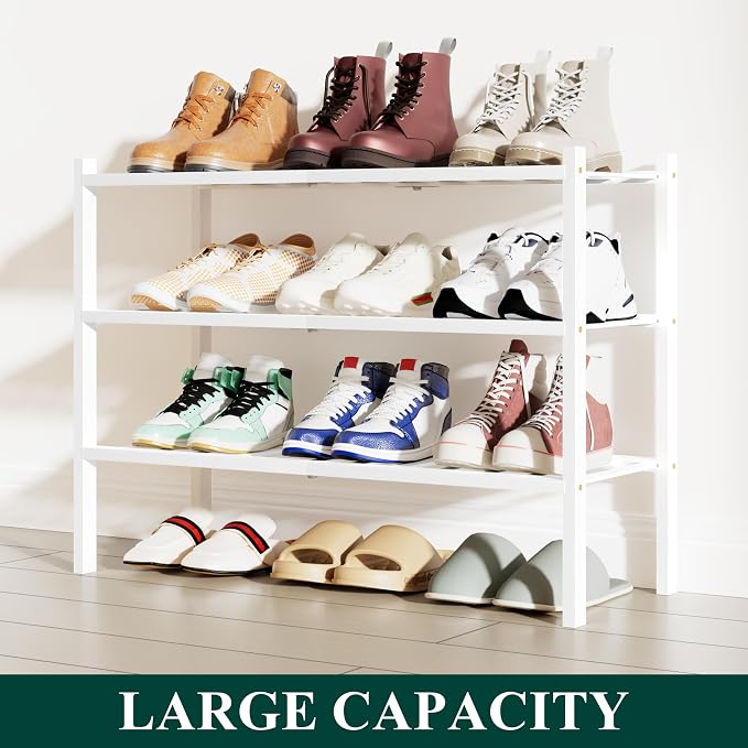 Smiry Shoe Rack, 3 Tier Small Bamboo Shoe Organizer, Stackable Free Standing Wooden Shoe Storage Shelf for Closet, Entryway, Front Door Entrance, White - Image 5