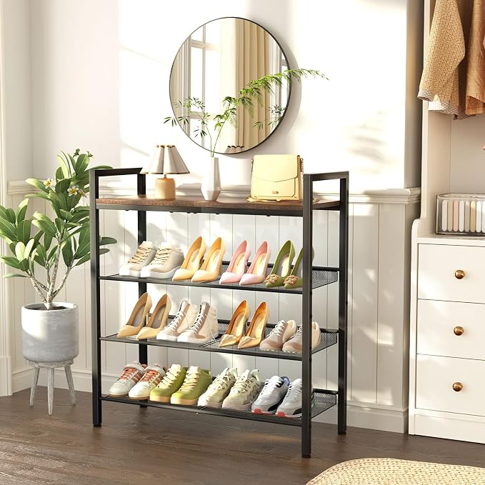 WIN4ALL Shoe Rack for Front Door Entrance, 4 Tier Shoe Rack for Entryway, 12-16 Pairs of Shoes, Metal Shoe Rack Organizer, Free Standing Shoe Rack for Closet (Black+Rustic Brown) - Image 4