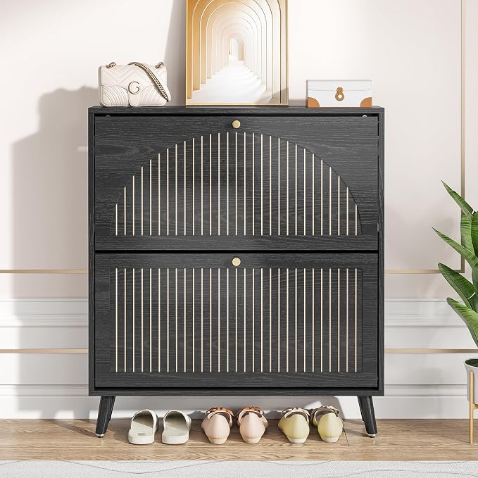 Fsbecl Shoe Storage Cabinet for Entryway with 2 Flip Drawers, Narrow Wood Shoe Cabinet with Fluted Panel, Freestanding Hidden Shoe Organizer for Foyer, Hallway (Black - No Shelf) - Image 6