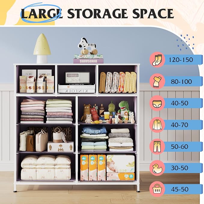 WLIVE 9 Drawer Dresser, Fabric Storage Tower for Bedroom, Hallway, Closet, Tall Chest Organizer Unit for Bedroom with Fabric Bins, Steel Frame, Wood Top, Easy Pull Handle, Purple - Image 4