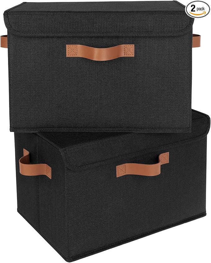 GRANNY SAYS Storage Bins with Lids, Decorative Storage Boxes with PU Handles, Black Storage Bin, Linen Closet Organizer, Shelf Baskets, Fabric Storage Bins for Clothes by GRANNYSAYS