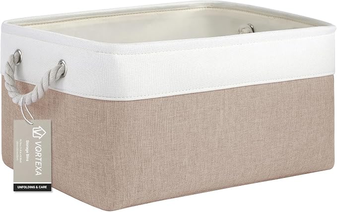Large Storage Baskets- 15.7x11.8x8.26 inch Storage Bins for Shelves and Closet Organizing, Foldable Fabric Bin for Home Organization Clothes and Laundry (1-Pack, White&Khaki) by VQRTEXAStorageBasket