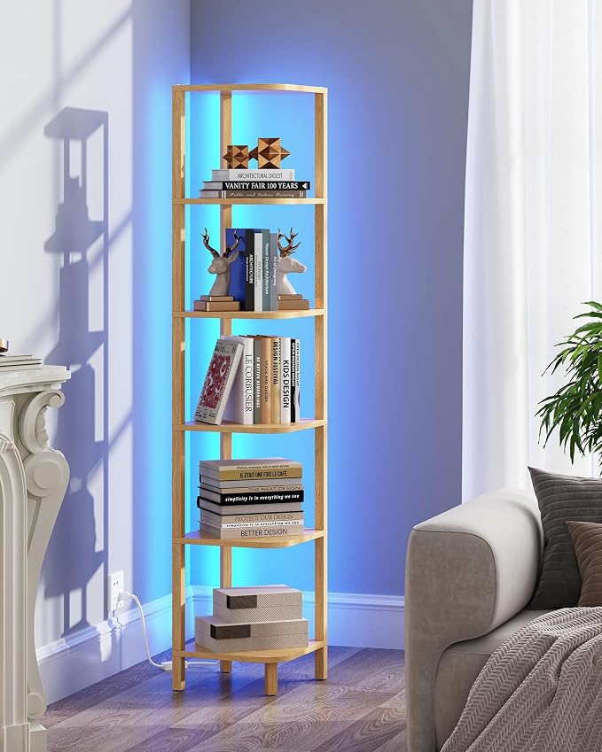 TUTOTAK Corner Shelf with LED Light, 6-Tier Corner Bookshelf for Small Space, Narrow Display Corner Shelf Stand with Storage Rack, for Living Room, Bedroom, Natural BS08BN006L - Image 7