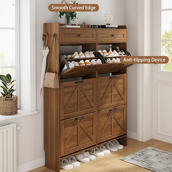 Shoe Cabinet with 6 Flip Drawers & 2 Top Drawers, 57" Tall Freestanding Narrow Wooden Shoe Storage Organizer for Entryway, Hidden Slim Shoe Rack for Front Door Entrance, Hallway, Living Room, Walnut - Image 5