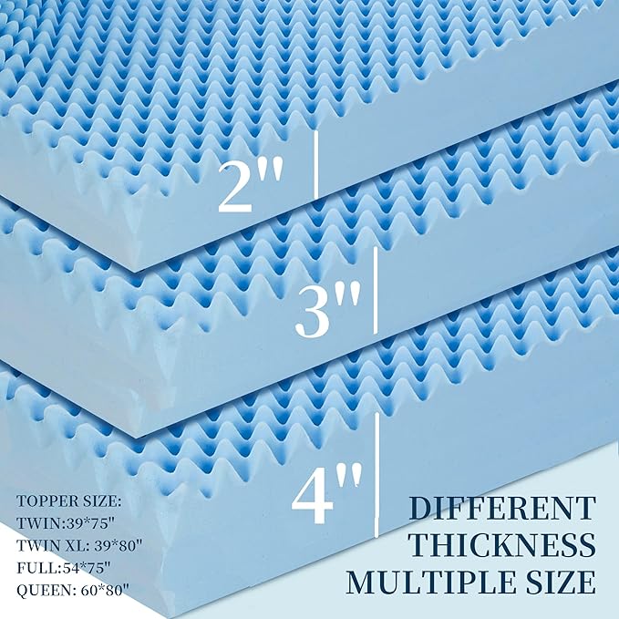 2 Inch Full Size Mattress Topper Memory Foam Mattress Topper Full Egg Crate Foam with Cooling Gel, Plush Feel Breathable Pressure Relief Matress Pad for Bedroom, College, RV, Cooling Blue