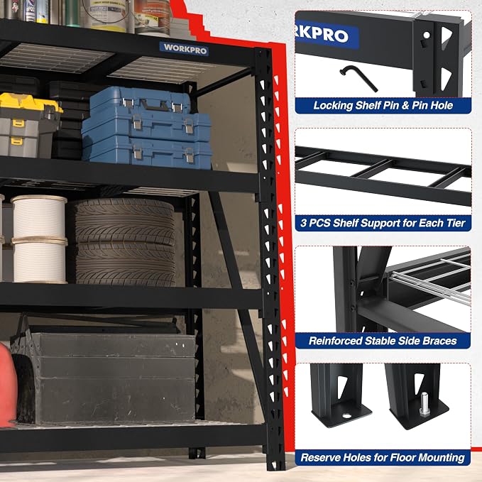WORKPRO Garage Shelving, 68"W x 24"D x 65"H, 7200 LBS Load, Heavy Duty Metal Shelves for Storage, Industrial Shelving Storage Rack for Warehouse Kitchen Shop Basement, Black, Pack of 1 - Image 5