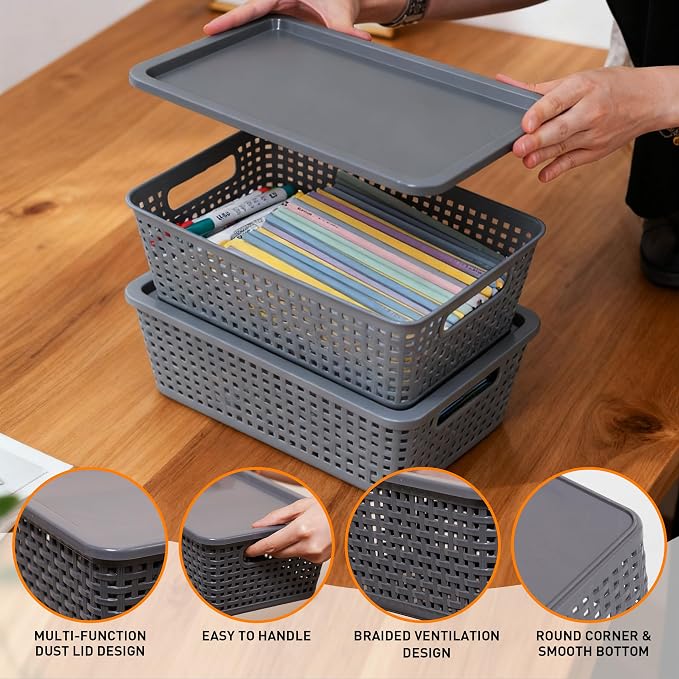 Plastic Storage Baskets With Lid, Storage Bins for Organizing, Stackable Decorative Containers for Shelves Drawers Desktop Closet Playroom Classroom Office, 6 Pack-Grey - Image 4