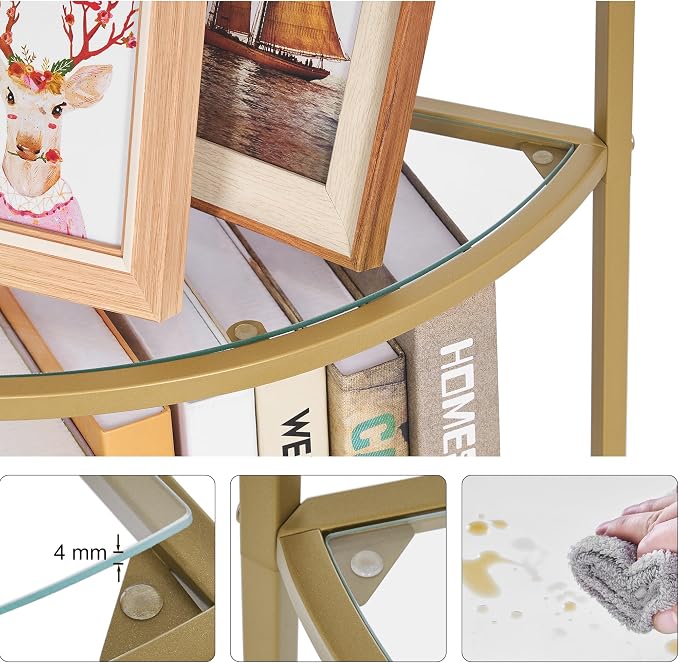 Homhedy 5-Tier Corner Shelf Stand, Metal Corner Bookshelf, Tempered Glass Shelves, Bathroom Storage Rack Shelf, Plant Stand, Modern Style, Golden - Image 6