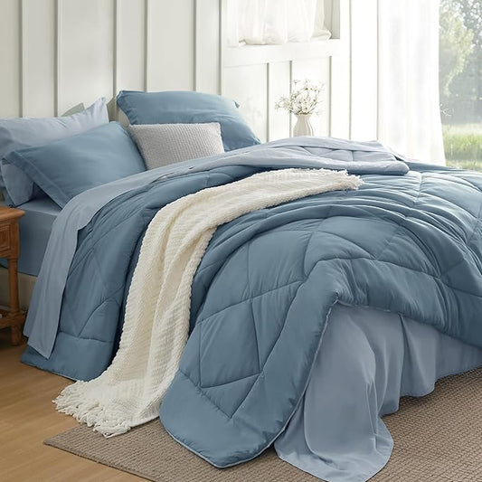 Bedsure King Comforter Set - 7 Pieces Reversible Grayish Blue Bedding, King Size Bed Set for All Seasons, Bed in a Bag with Down Alternative Comforter, Sheets, Pillowcases & Shams