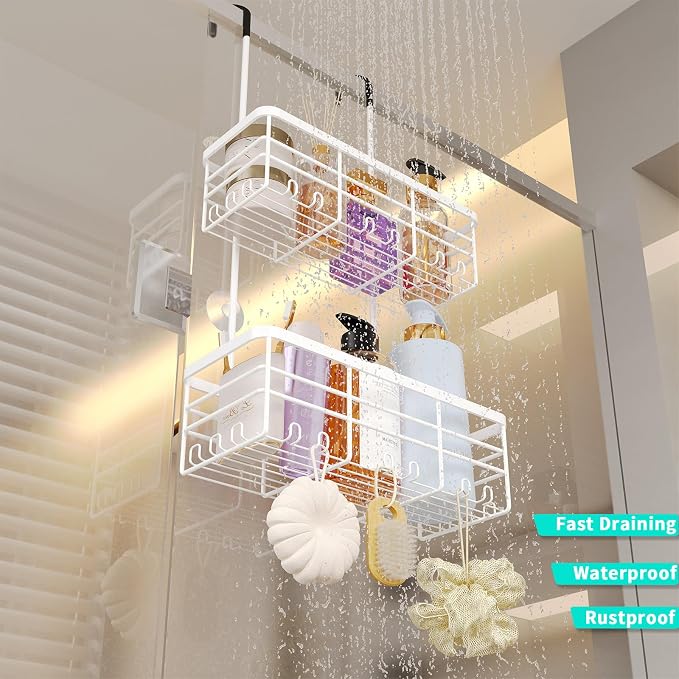 HapiRm Hanging Shower Caddy Organizer - No Drilling Shower Organizer with Hooks, Rustproof & Waterproof 304 Stainless Steel Bathroom Shelves - White - Image 7