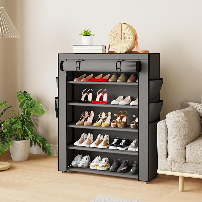 Mavivegue Shoe Rack with Cover, 5 Tier Shoe Organizer for Entryway, Shoe Storage for Front Door Entrance, Closet, Garage, Grey - Image 2