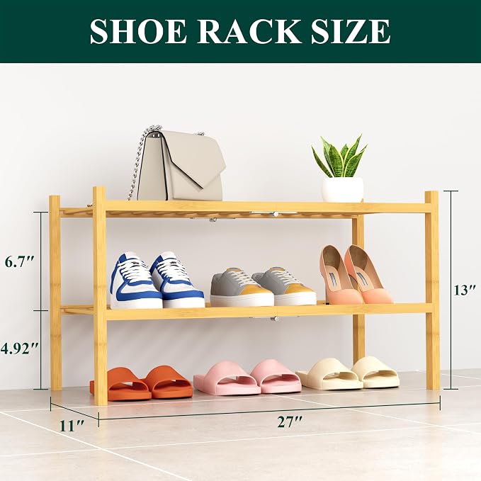 Smiry Shoe Rack, 2 Tier Thick Bamboo Shoe Organizer, Stackable Free Standing Wooden Shoe Storage Shelf for Closet, Entryway, Front Door Entrance, Natural - Image 2