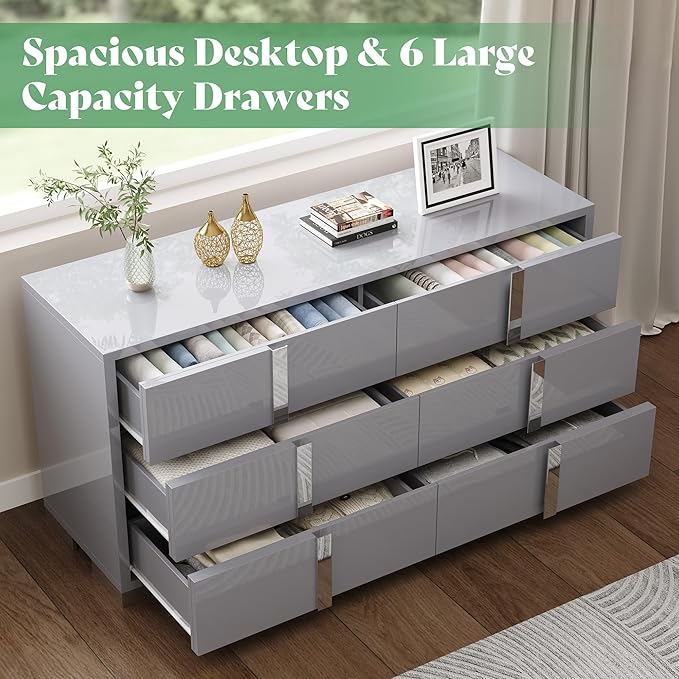 AMERLIFE 3 Piece Bedroom Set, Two 23.6" Nightstands & 6-Drawer Dresser, Silent Glide Drawers & Metal Handles, Modern High Gloss UV Finish, Dresser Set for Bedroom, Grey