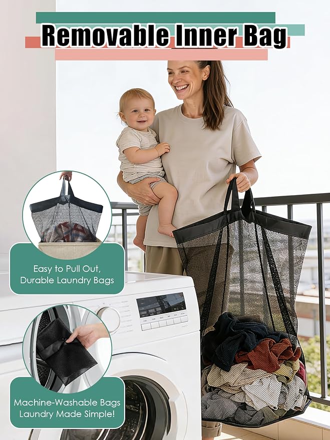 WTREE Laundry Hamper with Lid, Reinforced Sturdy Clothes Hamper with Anti-Puncture Base, Large Collapsible Laundry Basket with Removable Liner Bag, Tall Dirty Clothes Bin for Family, 100L Beige - Image 3