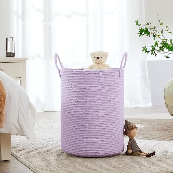 60L Large Purple Laundry Hamper Basket for Nursery Kids Tall Lavender Blanket Basket for Girls Cotton Rope Lilac Clothes Hamper in Bedroom 15Dx20H inches - Image 3