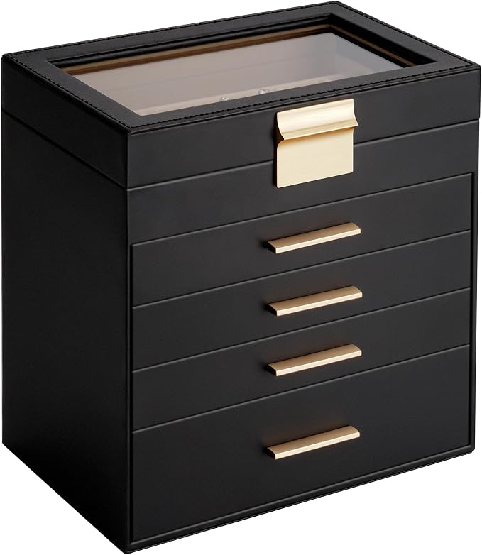 Somduy Jewelry Box, 5 Layers Jewelry Storage Display Box with Glass Lid for Women, 4 Drawers,Large Capacity for Necklace Earrings Bracelets Rings, Black by Somduy
