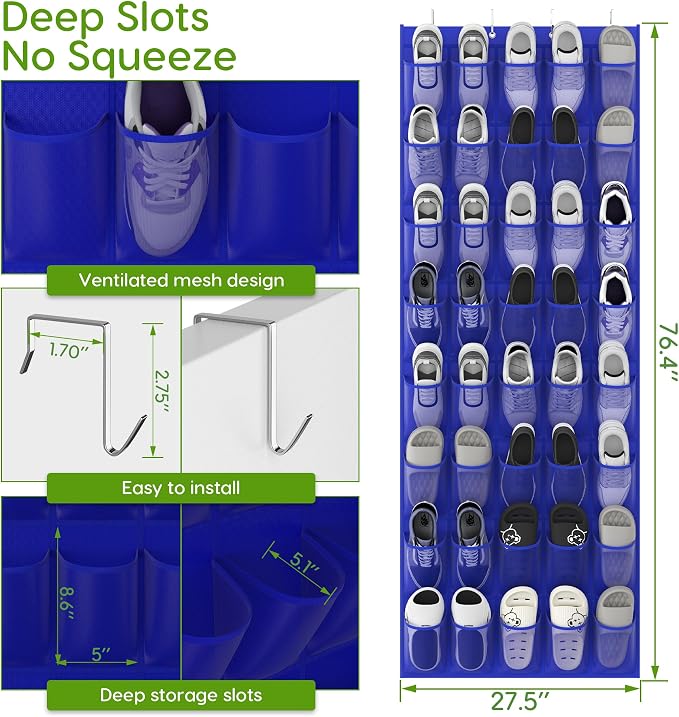 Unjumbly Over the Door Shoe Organizer with 40 Large Breathable Mesh Pockets, Space Saving Shoe Holder, Hanging Shoe Rack for Entryway Bedroom Closet Storage (Navy Blue, 40 Pockets) - Image 2