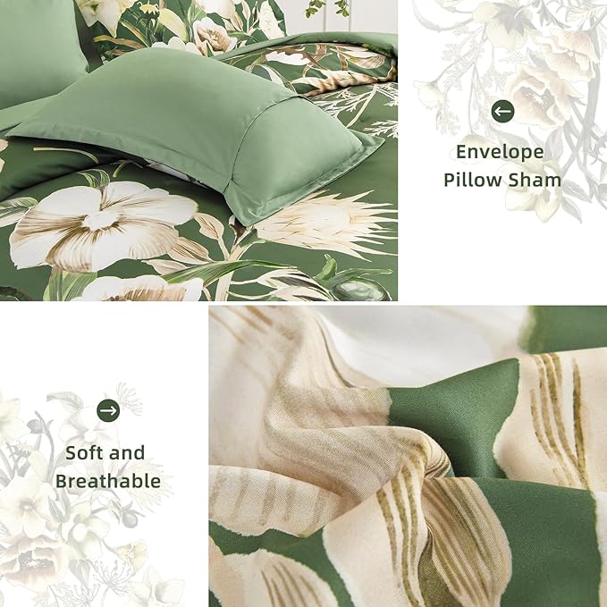 Luxudecor Floral Comforter Set King Size 7 Piece, Olive Green Flower Bed in a Bag, Elegant Comforter Bedding Set for All Season (Olive Green, 104"x90")