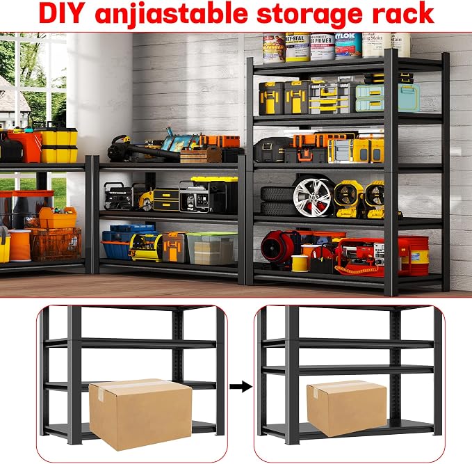 Metal Garage Shelving Unit, Heavy Duty 5-Tier Adjustable Storage Rack, Steel Shelving, 3020 lbs Capacity, Industrial Shelves for Heavy Tools and Equipment, Ideal for Garage, Basement, Black, 77" - Image 5