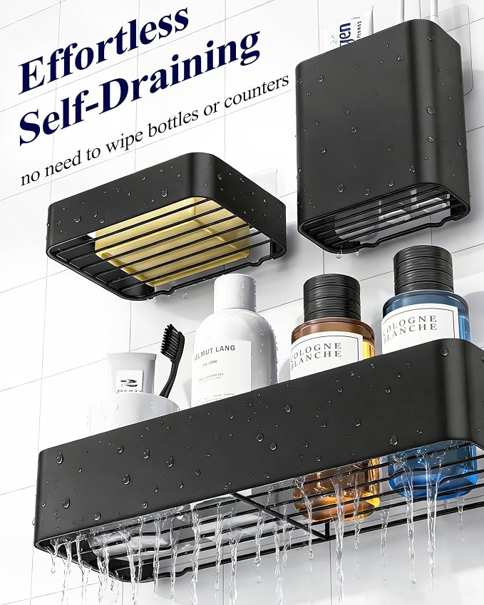 Kitsure Shower Caddy Adhesive - 6-Pack, No-Drilling Shower Shelves with Soap Holder, Toothbrush Holde, 6 Hooks, Rustproof & Stylish Bathroom Organizers and Storage Solution, Black, Large - Image 3