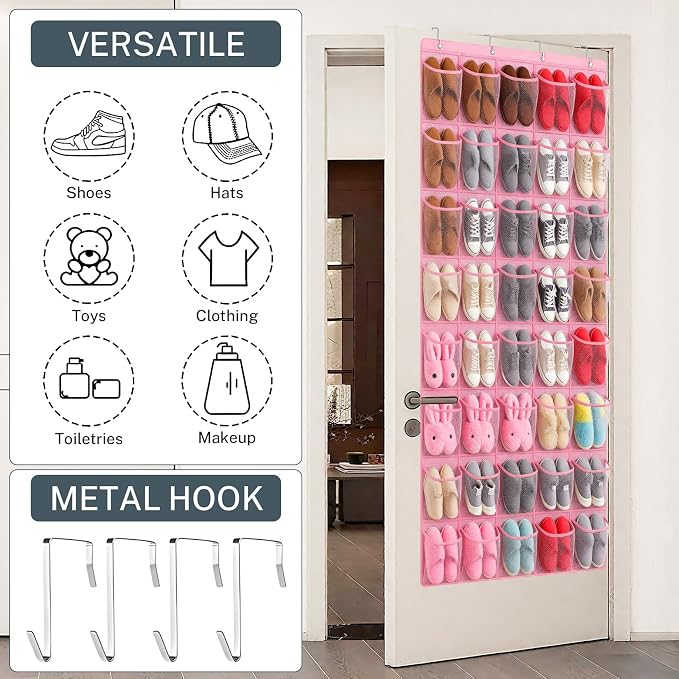40-Pocket Over the Door Shoe Organizer - Large Mesh Pocket Hanging Shoe Organizer,Behind the Door Shoes Storage Holder Hanger (Pink) - Image 4