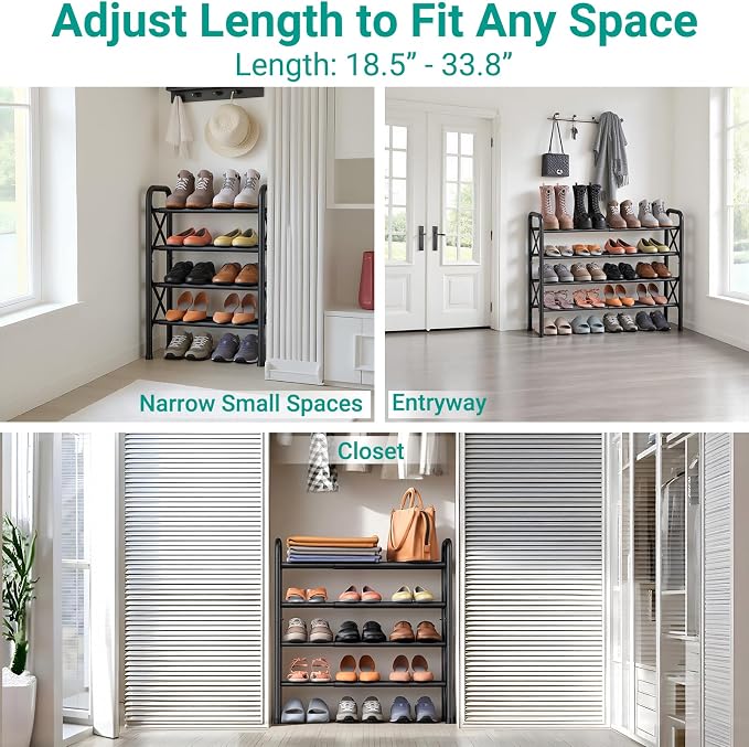 YEASHEIN 4-Tier Expandable Shoe Rack for Closet Floor, X-Frame Metal Small Shoe Rack for Entryway, Adjustable Shoe Shelf Organizer, Free Standing Shoe Racks for Front Door Entrance, Garage - Black - Image 3