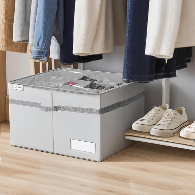 LUVHOMEE Shoe Organizer for Closet, Fits 16 Pairs, Large Shoe Box Storage Containers, Clear Foldable Shoe Storage Bins w/Bottom Support, Space Saving Shoes Holder w/Reinforced Handles, Gray - Image 2