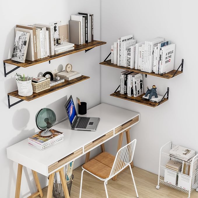 Heimlove Deep Floating Shelves for Wall, 36W x 12D Wood Wall Shelves Set of 2, Wide Floating Bookshelf for Living Room, Kitchen, Office, Bedroom and Decor Storage, with Metal Bracket - Rustic Brown - Image 2