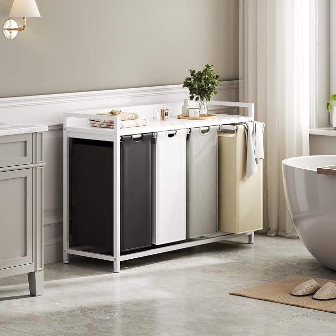 Herture Laundry Hamper with Shelf, Laundry Basket 4 Section, Laundry Sorter with Pull-Out Removable Large 4 Color Bags and Movable Wheels, Metal Frame, 4 x 15.87 Gallons (60L), White PF07XLE - Image 6