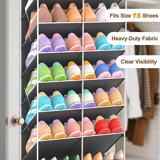 UVIAHOMI 20-30 Pairs Over the Door Shoe Organizer, Clear Pockets Hanging Shoe Storage for Closet, 10-Tier Door Shoes Rack, Handing Shoes Holder Fit All the Family's Sneakers, Boots, Heels, Dark Grey - Image 5