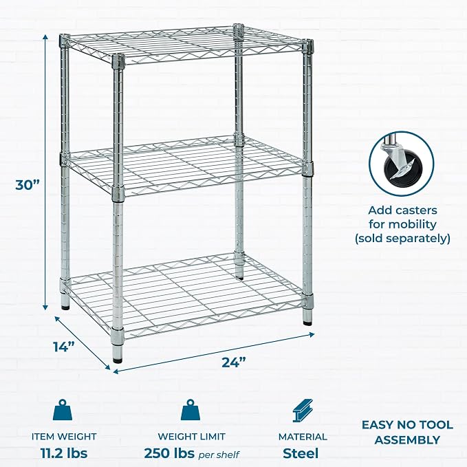 Honey-Can-Do 3-Tier Heavy Duty Adjustable Shelving Unit, 250-lb Per Shelf Metal Storage Rack, Wire Shelf for Kitchen Garage Pantry Closet, Chrome, 24 x 14 x 30 in - Image 3