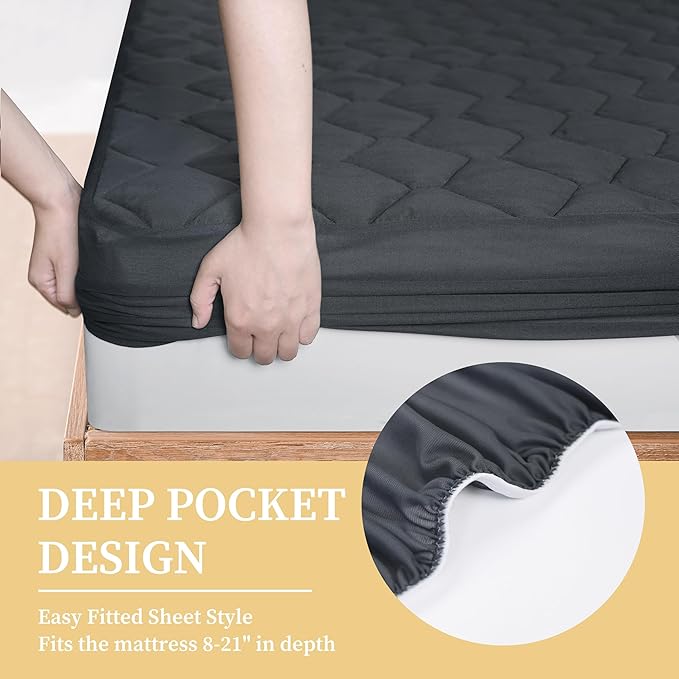 Full Quilted Fitted Waterproof Mattress Pad, Breathable Premium Soft Filling Mattress Protector, 8-21 Inches Deep Pocket Noiseless Mattress Cover (Grey)