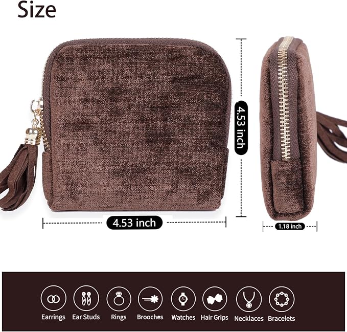 ASINGYER Travel Jewelry Storage Bag for Women, Velvet Portable Jewelry Organizer with Tassel Zipper, Small Pouches for Bracelets Necklaces Rings Earrings, Wedding Gift for Women (coffee brown) - Image 6