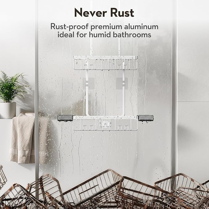 Over the Door Shower Caddy Hanging With Double Soap Holder Never Rust Aluminum Shower Shelf With 4 Hooks Hanging Bathroom Organizer No Drilling Shelves for Bathroom Storage Silver - Image 4
