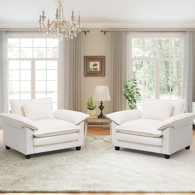 Oversized Accent Chairs Set of 2,44 inch Modern Living Room Chairs,Chenille Upholstered Cloud Sofa Chair Armchair with Extra Thick,Comfy Accent Chair Reading Chairs for Bedroom Apartment White