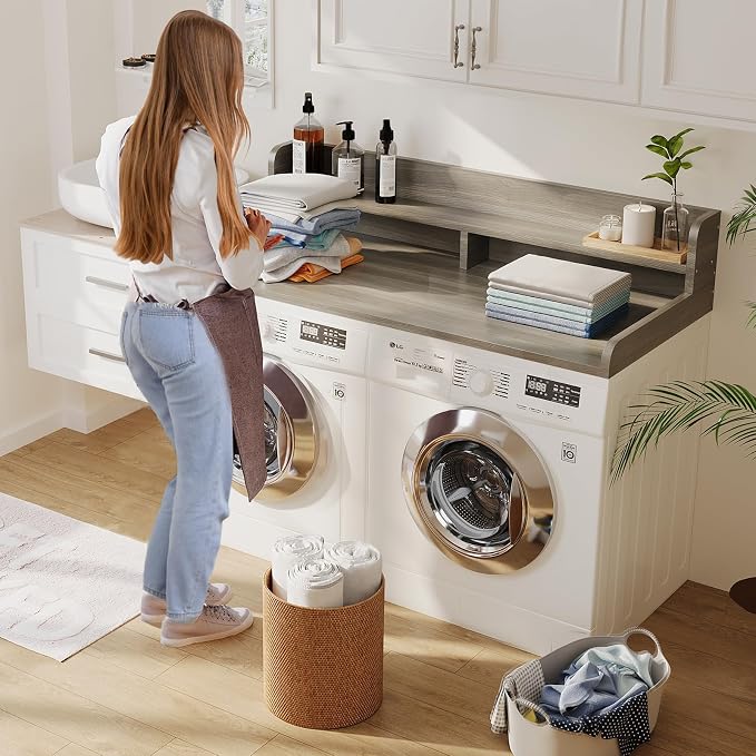 2-Tier Washer Dryer Countertop with 2.75" H Edge Rails, 58" W x 28" D Laundry Countertop for Folding Clothes, Washer and Dryer Topper with Non-Slip Pad (Stripe Gray) - Image 6