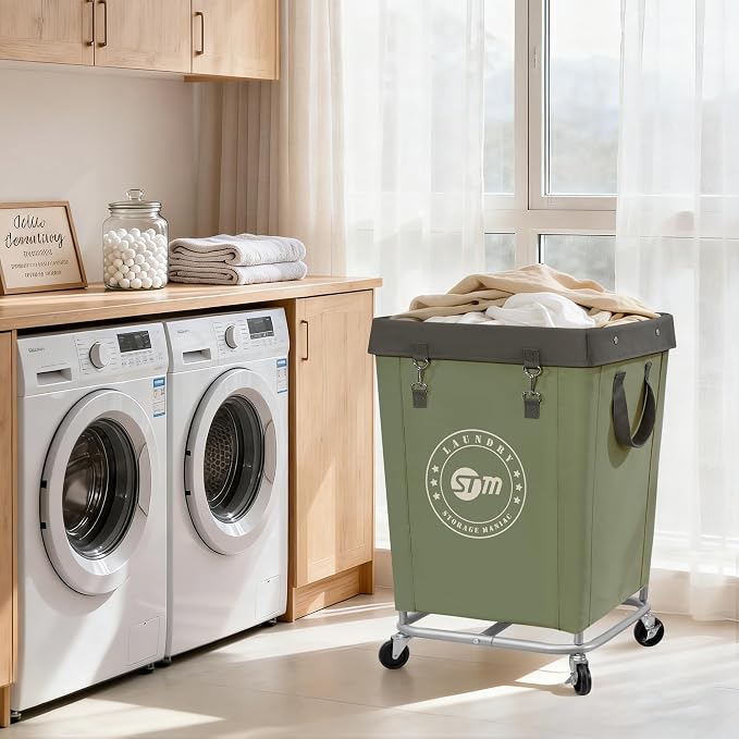 STORAGE MANIAC Commercial Laundry Hamper with Heavy Duty Steel Frame, 160 L Industrial Laundry Basket Cart with Wheels for Hotel, Home, Laundry Room, 18''L x 18''W x 31''H, Medium Green - Image 2
