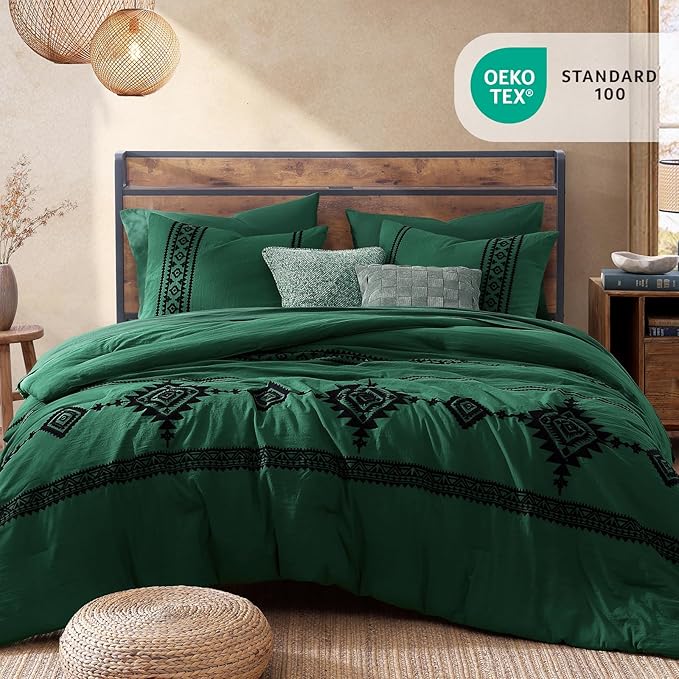 MaiRêve Embroidery Comforter Set, Boho Farmhouse Western Bedding Set, All Season Bed in A Bag Comforter Set with Sheets, Pillowcases & Shams, Emerald Green Full 7 Pieces
