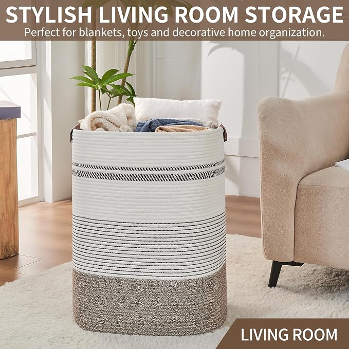 AINUOQI Laundry Hamper - Tall Woven Rope Laundry Basket - Clothes hamper with Leather Handles, 17" X 13.8" X 22", Blanket Storage Basket for Living Room, Rice Brown & White - Image 7