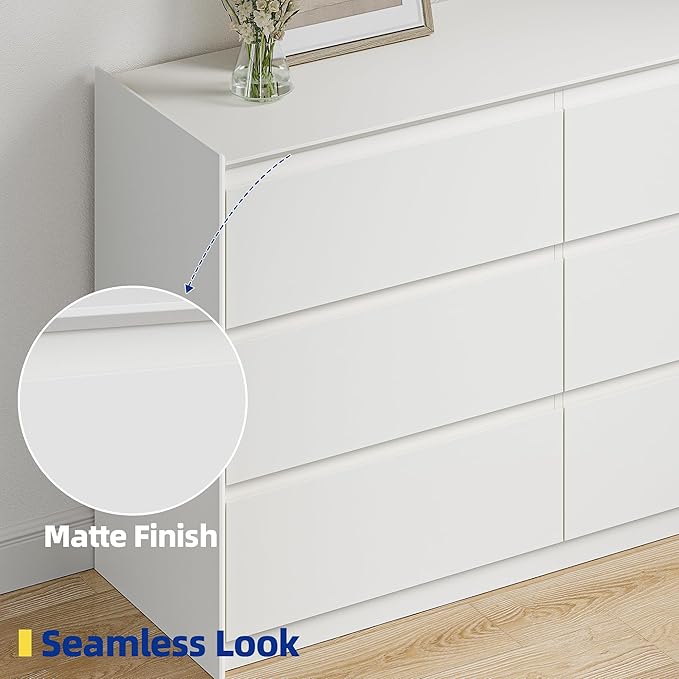 White Dresser for Bedroom, 47" Wide Chest of Drawers, Modern 6 Drawer Storage Organizer for Closet, Hallway, or Living Room