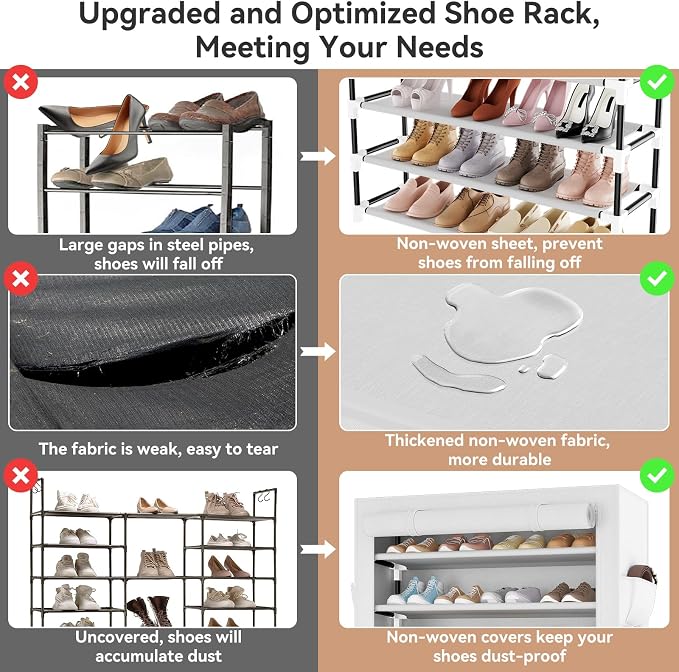 LANTEFUL Shoe Rack with Covers 10 Tier Tall Shoe Rack Organizer Large Capacity Shoe Shelf Storage 40 Pairs Space Saving Free Standing Shoe Storage Organizer for Closet, Entryway, Dorm, White - Image 7