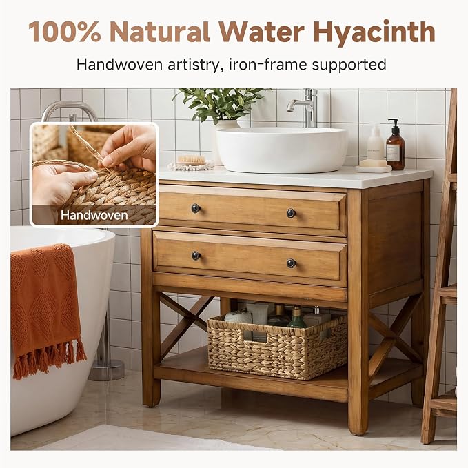 StorageWorks Large Rectangular Wicker Basket, Water Hyacinth Storage Basket with Built-in Handles, 1 Pack - Image 5