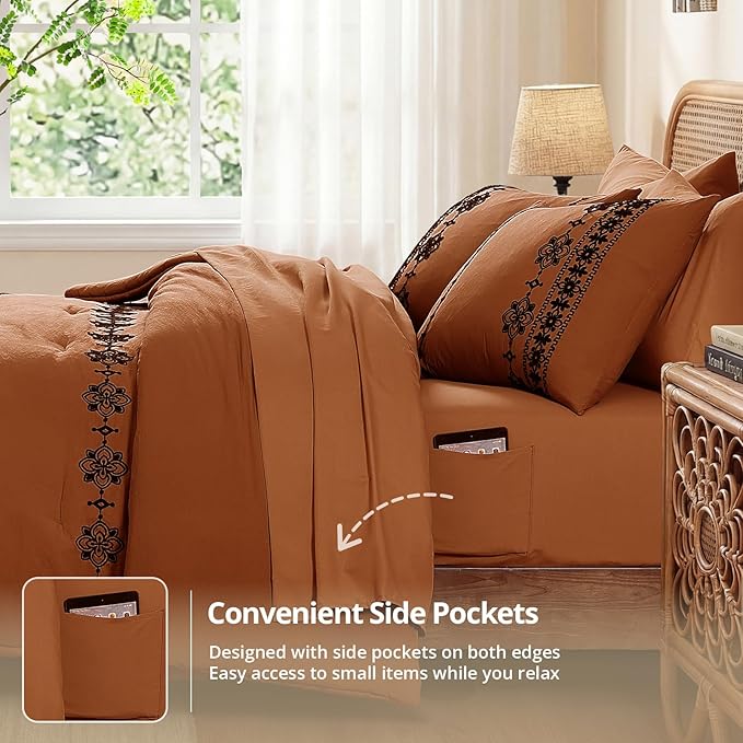MaiRêve King Size Comforter Set Burnt Orange, Embroidery Floral Western Boho Bedding Set, All Season 7 Pieces Bed in a Bag with Sheets, Pillowcases & Shams