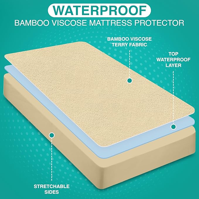 Utopia Bedding Premium Waterproof King Size Mattress Protector, Viscose Made from Bamboo Mattress Cover, Breathable, Fitted Style with Stretchable Pockets (Beige)