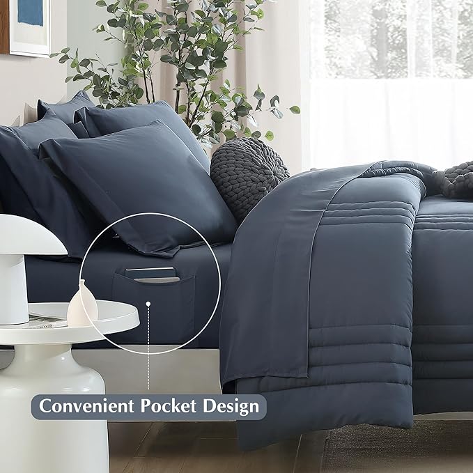 Monbix Super King Plus Size Comforter Set - 7 Pieces Blue Gray Bed in a Bag Super King Plus Bedding Sets with Comforters, All Seasons Comforter Bed Set with Sheets,Pillowcases & Shams