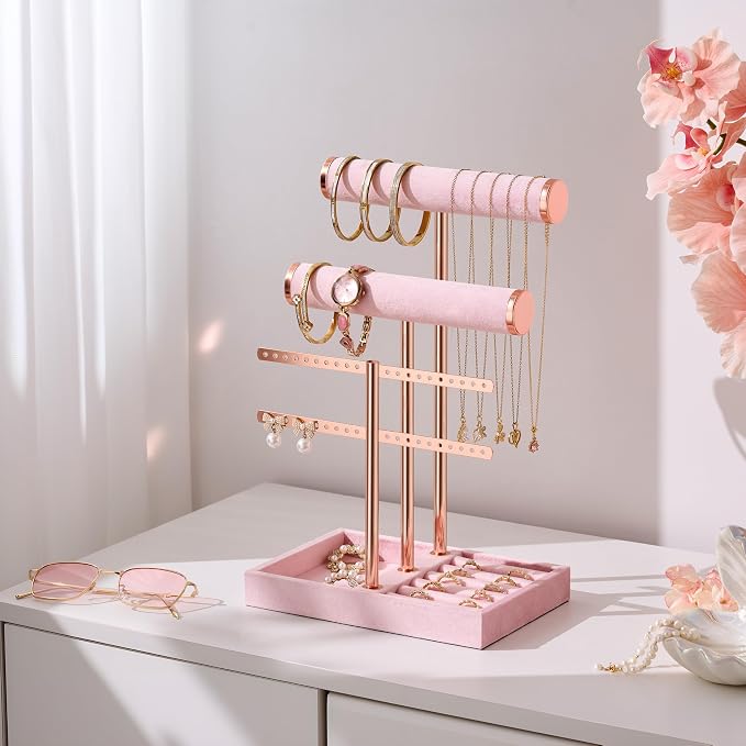 bussdis 3 Tier Bracelet Holder Display - Detachable T Bar Pink Velvet Bracelet Holder, Jewelry Holder Organizer for Bracelet, Necklace, Earrings, Rings - Image 2
