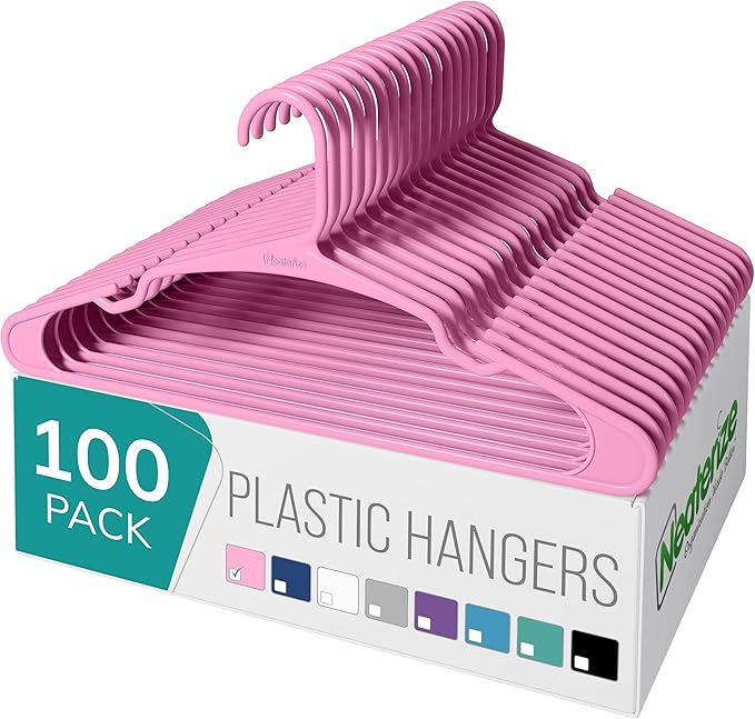 NEATERIZE Clothes Hangers Plastic 100 Pack for Adults - Plastic Hangers, The Perfect Coat Hanger and Space Saving Clothes Hangers for Closet - Pink Hangers by Neaterize